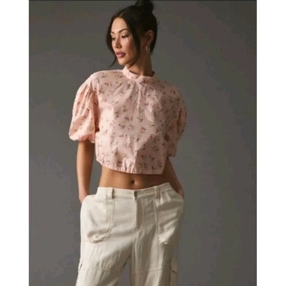 Anthropologie Cropped Bubble Sleeve Blouse Pink Floral Tie Back Medium - Picture 1 of 8